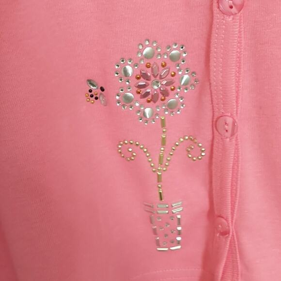 Sunburst Button Up Top Wmn's Sz M Pink Long Sleeve Soft Knit Embellished Cotton - Picture 6 of 9